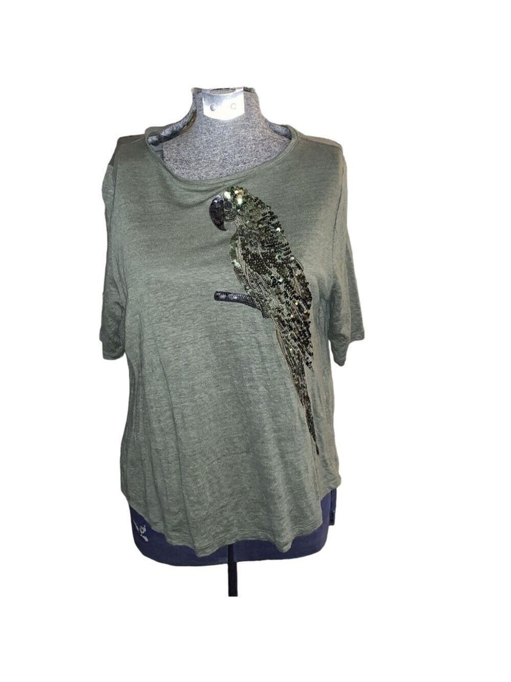 Women's Chico's T-Shirt Size S Green Parrot linen Sequin